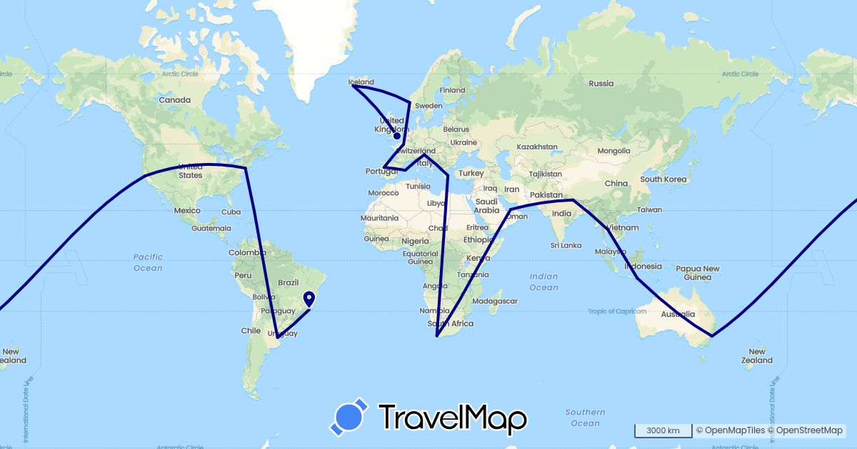 TravelMap itinerary: driving in Argentina, Australia, Brazil, Spain, France, United Kingdom, Greece, Indonesia, Iceland, Italy, Norway, Nepal, Portugal, Thailand, United States, South Africa (Africa, Asia, Europe, North America, Oceania, South America)